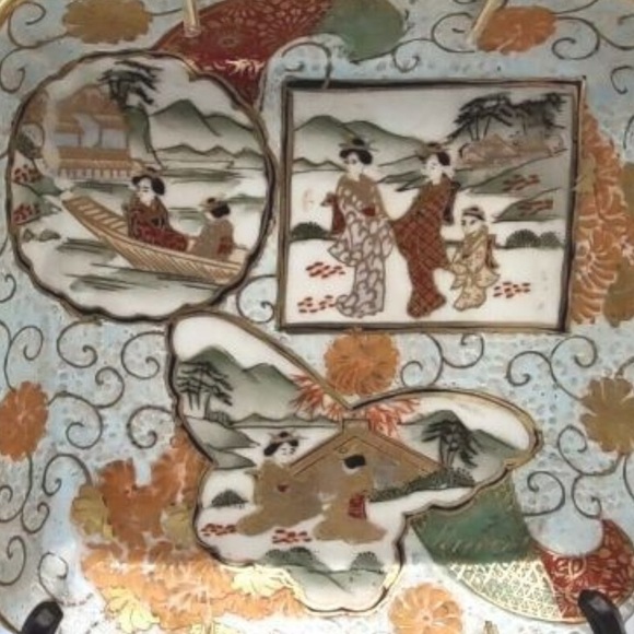 Hand Painted Macau Cloisonne Porcelain Satsuma Blank 3 Scenes Japanese Village - Picture 2 of 12